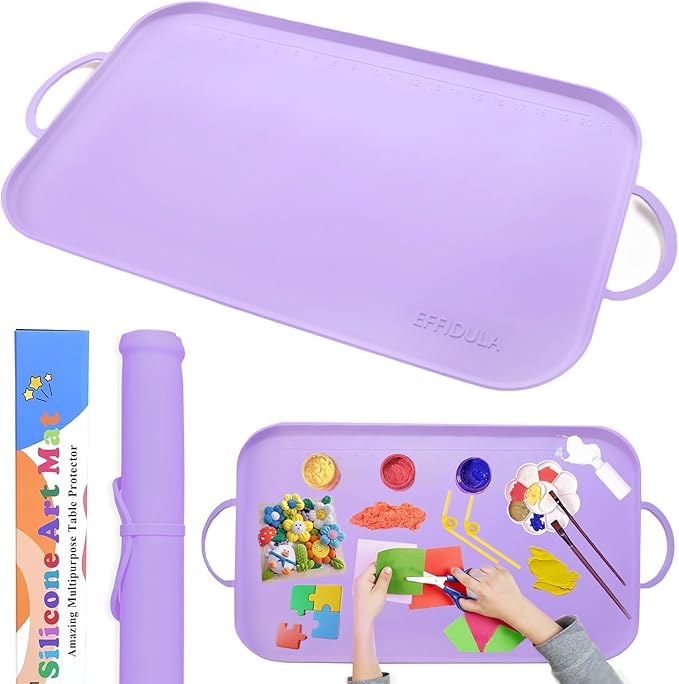 Silicone Craft Station Mat for Kids, Large Silicone Art Mat With Handle, Raised Edges for Painting, Jewelry-Making & Crafts - 26x16in,Purple