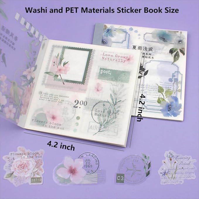 40 Sheets Sticker Book for Adults Journaling, Washi and PET Materials, Ephemera Aesthetic Stickers for Junk Journals, Bujo, Planners