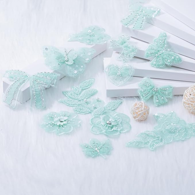 12 Pieces 3D Flower Lace Embroidery Butterflies Appliques Pearl Patches for Repairing and Decorating, Sewing Craft Clothing Jeans Jackets Bags (Green)
