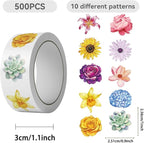500PCS Flower Stickers 10 Styles Sticker Rolls Cartoon Flowers Stickers Flower Party Favors Waterproof Vinyl Stickers(500 Per Roll)