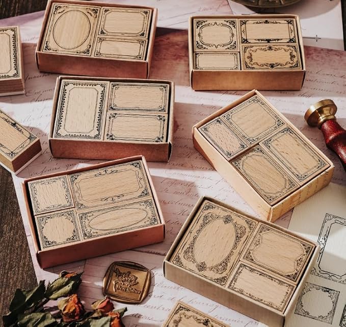 7pcs Wood Rubber Stamp Set, Frame Pattern Decorative Stamp Set for Art Craft, Journal, Diary, Scrapbook, Planner, Letter, Card Making M-19 (Set-2)