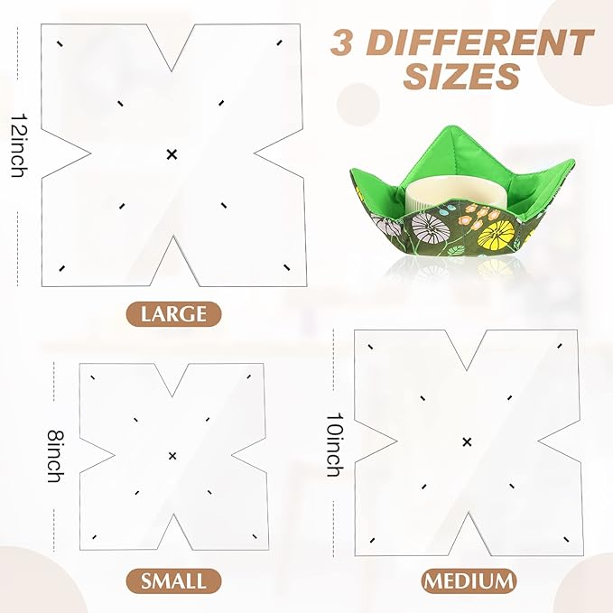 Flutesan 3 Pcs Bowl Cozy Pattern Template 8/10/12 Inch Clear Acrylic Bowl Wrap Sewing Pattern Template with 3 Pieces Water Soluble Pen Batting Quilting Cut on Fold Stencil(Point Edge)