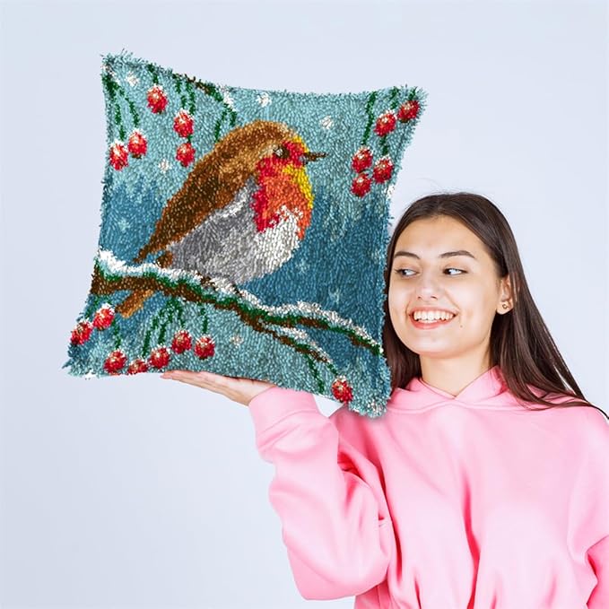 DL-YTG Latch Hook Kits Pillow Winter Bird Crochet Yarn Cushion Colour Pre-Printed Canvas Rug Needlework DIY Pillowcase Hook and Latch Kit Christmas Home Arts Crafts Sofa Decoration 42x42cm/16 X16inch