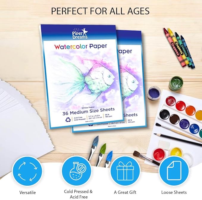 1 Pack - Total of 36 Sheets of Watercolor Paper (11.7" x 8.3") - Heavy Stock (98lb), Loose White Sheets. Perfect for Kids, Students & Adults
