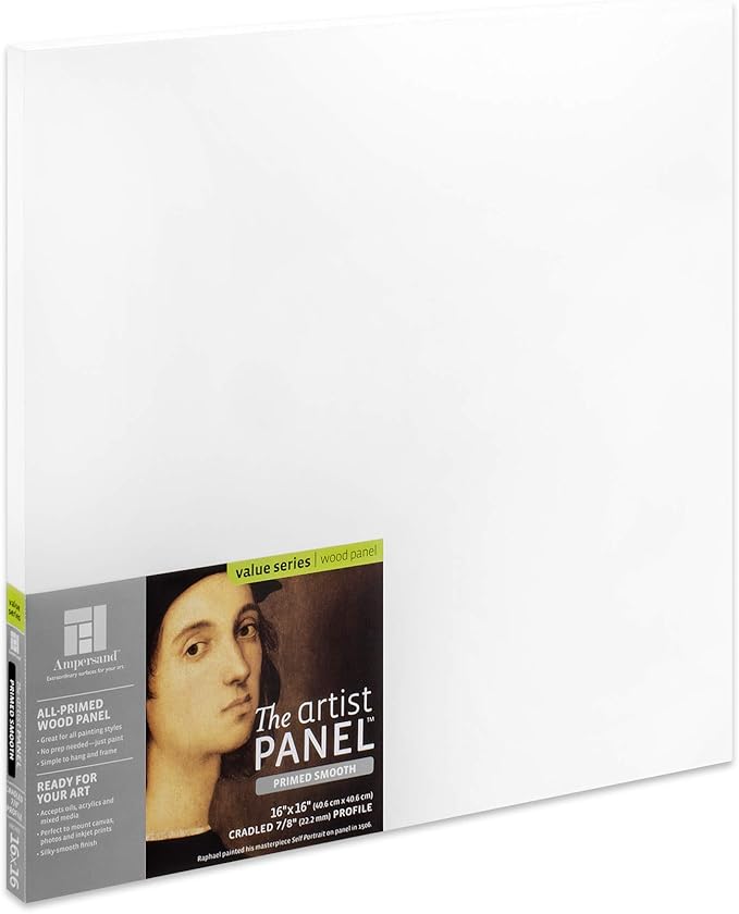 Ampersand Art Supply Wood Gesso Artist Painting Panel: Primed Smooth, 16" x 16", 7/8" Cradled Profile