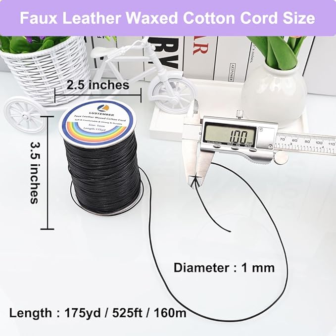 1mm Faux Leather Waxed Cotton Cord, 175 Yards – Durable Necklace String, Soft and Textured Cord for Necklaces, Bracelets, and Jewelry Making