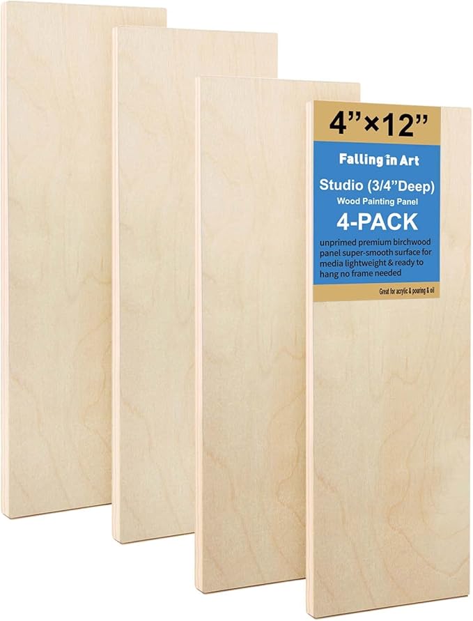 Falling in Art Unfinished Birch Wood Panels Kit for Painting, Wooden Canvas 4 Pack of 4x12 Studio 3/4" Deep, Cradle Boards for Pouring, Art, Crafts, Burning and More