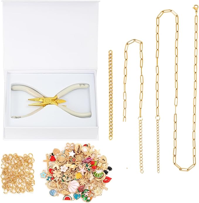 FabuLove Charm Jewelry Kit - DIY Necklace, Bracelet & Ring Set with 100+ Charms, Tools & Jump Rings | Personalized Accessories for Women | Fun Craft Activity for Friends & Family (Gold)