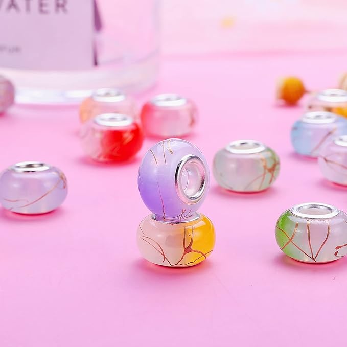 100 Pieces 14mm European Large Hole Spacer Beads Mix Color with Silver Brass Cores Assortments Charm Lampwork Beads Supplies for Necklace Bracelets Jewelry Making (Ｇolden Wire Jelly)