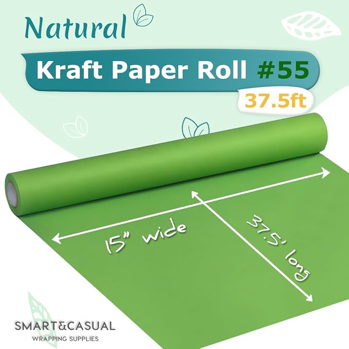 SMART&CASUAL 15" x 450" (37.5') Kraft Paper Roll for Art Craft Supplies Gift Wrapping Moving Packing Kids Painting Drawing Paint Easel Poster Chart Paper (Medium Green, 15" W x 450" L (37.5'))