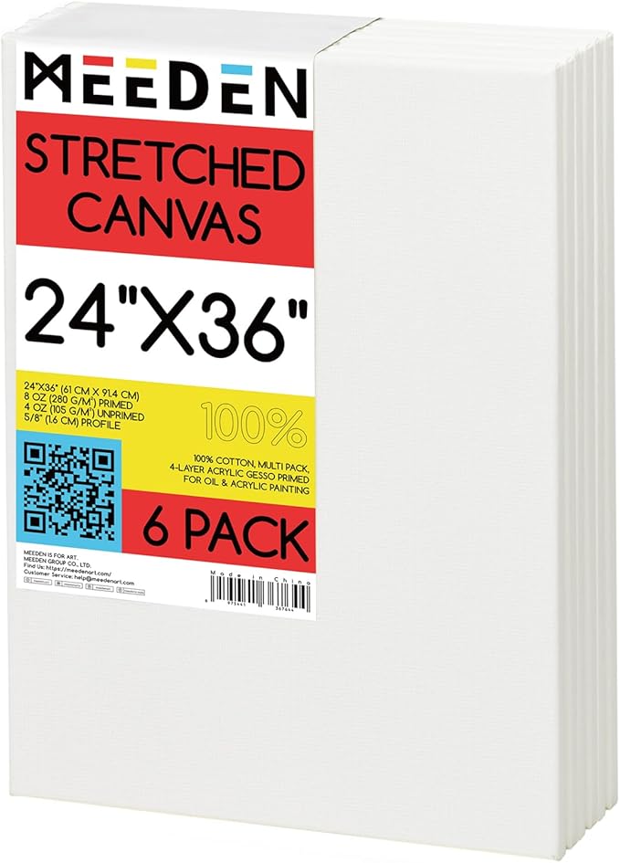 MEEDEN Stretched Canvas, 24 × 36 Inch, Pack of 6, Blank White Canvases for Painting, 100% Cotton, 15 oz Gesso-Primed, Pre-Stretched Canvas for Acrylic Oil Pouring & Airbrushing Painting