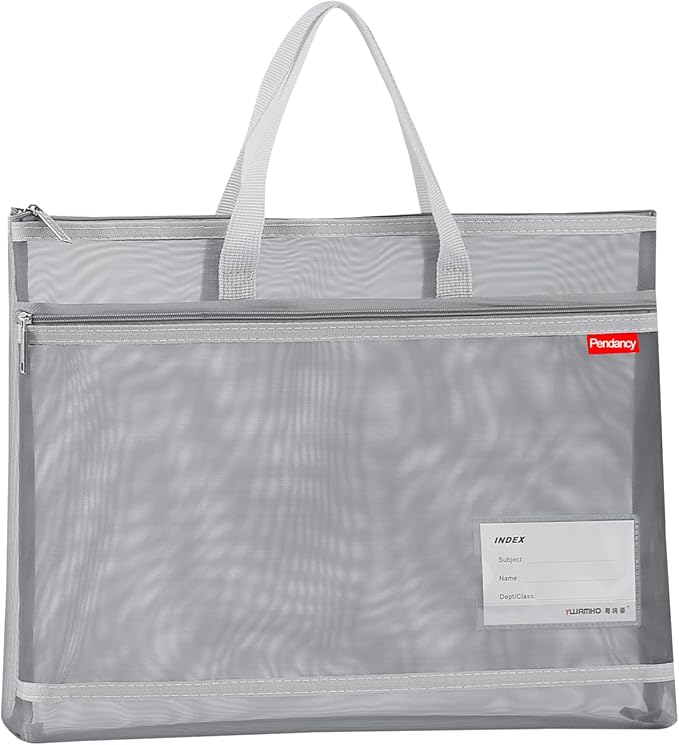 Pendancy Mesh Zipper Pouch A4 Size, Large Double Pocket Lightweight Nylon Transparent File Bag with Handle, 11x13.8 in Foldable Document Storage for Puzzle Project/Cross Stitch/Travel/Office (Gray)