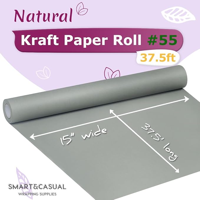 SMART&CASUAL 15" x 450" (37.5') Kraft Paper Roll for Art Craft Supplies Gift Wrapping Moving Packing Kids Painting Drawing Paint Easel Poster Chart Paper (Light Grey, 15" W x 450" L (37.5'))