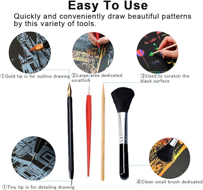 Scratch Painting Art Tool, 11 Pieces Scratching Drawing Tool Set, Including Artist Glove, Tool Bag, Scratch Coloring Pens, Plastic and Wooden Stylus, Scraper, Clean Brush