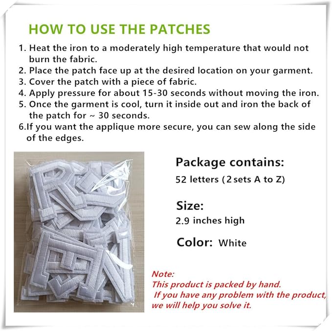 2.9 inch Iron on Letter Patches 52 Pieces, A-Z Embroidered Alphabet Patches for Clothing Jackets Hats Backpacks Jeans White