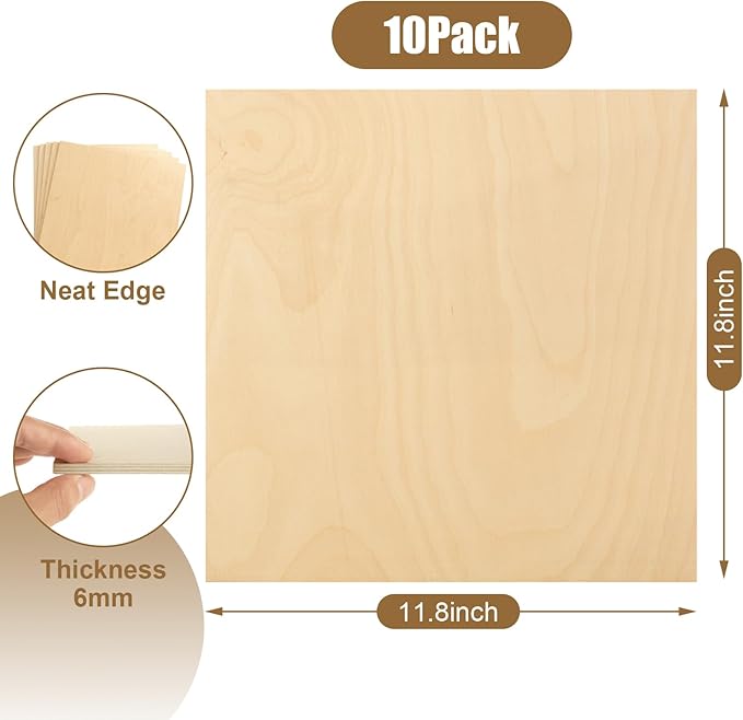 10 Pack 12 x 12 x 1/8 Inch Baltic Birch Plywood 6mm Baltic Wood Sheet, Baltic Birch Sheets for Cricut Maker, Architectural Models, Drawing Painting, Engraving Wood Burning Laser