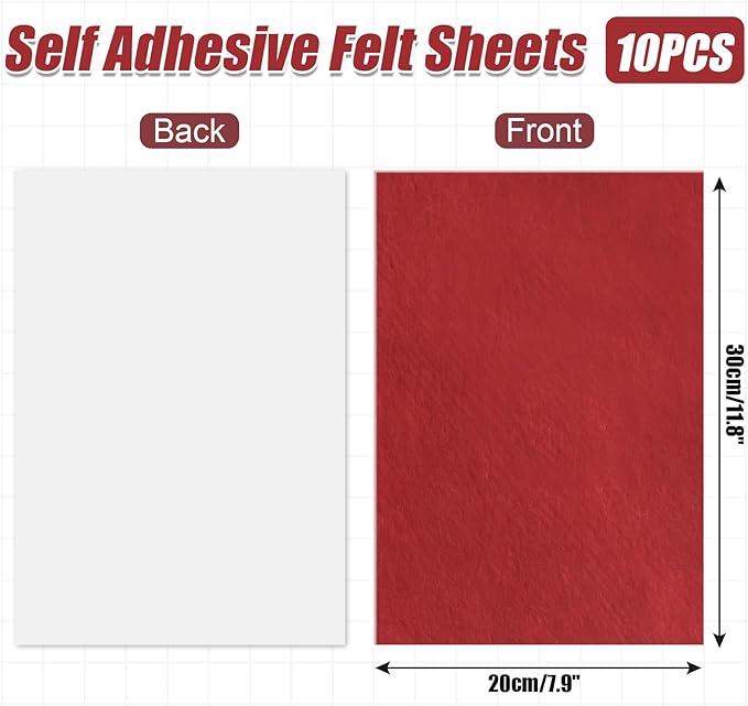 10 Pack Self Adhesive Felt Sheets - Red Felt Fabric with Adhesive Backing - Peel and Stick Felt Sheet for Arts Crafts DIY and Decorations - A4 Size(8" x 12")