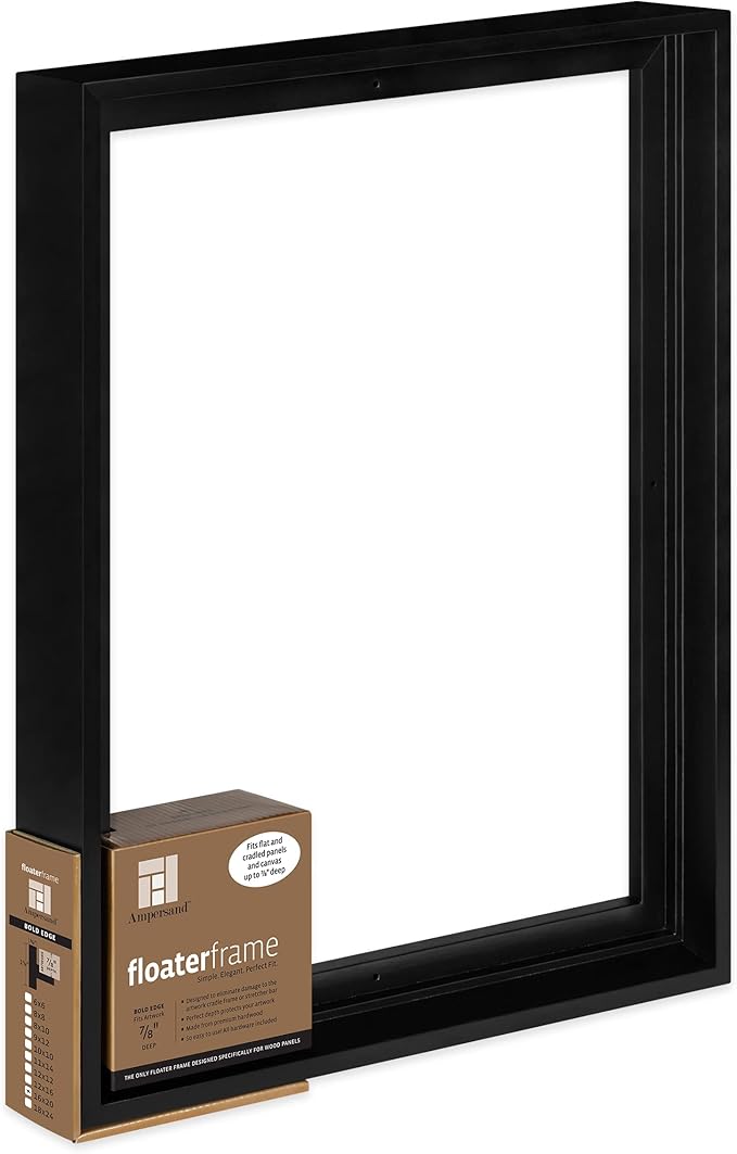 Ampersand Art Supply Floaterframe Readymade Frame for Flat and 7/8" Deep Wood Panel and Canvas Artwork, Paintings, Prints, and More, 16"x20", Black Bold