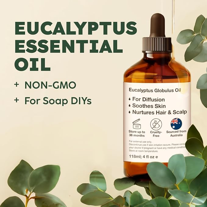 KUKKA Eucalyptus Essential Oils - 4 Fl Oz - for Hair, Skin, Diffuser, Aromatherapy & DIY Soap Making Scent