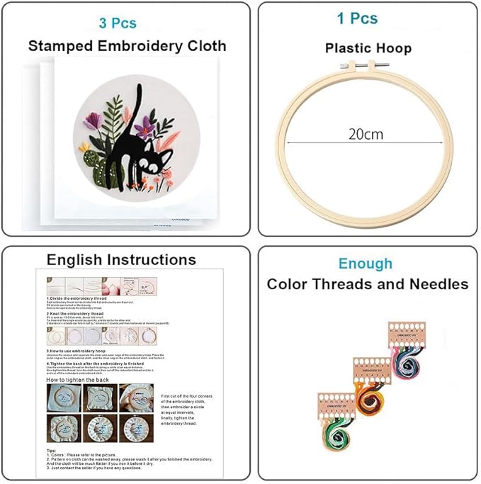 Konrisa 3pcs Embroidery Kits for Beginners Creative Black Cat and Flower Pattern Cross Stitch Practice Kit DIY Sewing Needlepoint, Include 1pcs Hoop