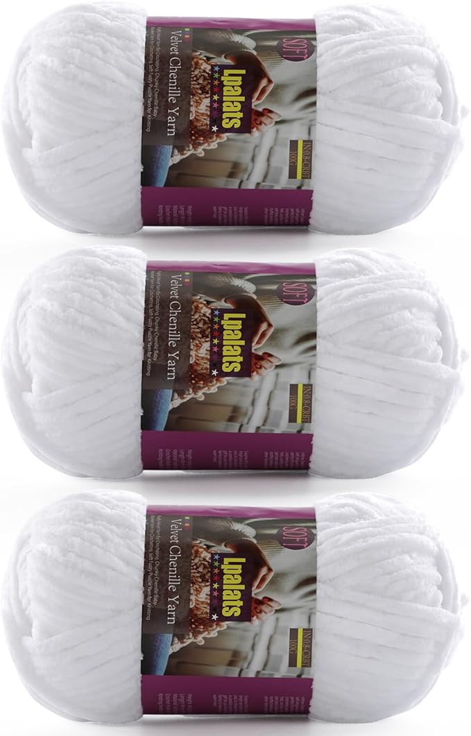 Chunky Chenille Yarn for Crocheting - 3x100g/3.5oz Baby Blanket Yarn for Crocheting Soft - 262 Yards Fluffy Thick Plush Yarns for Knitting Blankets Amigurumi (3, White)
