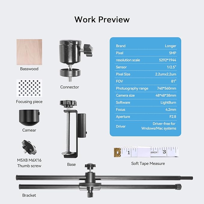 LONGER LightBurn Camera Kit for Laser Engravers – 5MP Time-Lapse Digital Camera with Precise Positioning, Multi-Task Engraving, and Preview Support for LightBurn