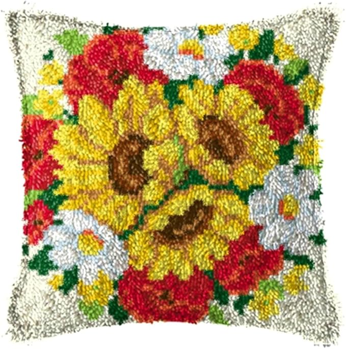LAPATAIN Latch Hook Kits for DIY Throw Pillow Cover,Daisy Needlework Cushion Cover Hand Craft Crochet 17x17inch