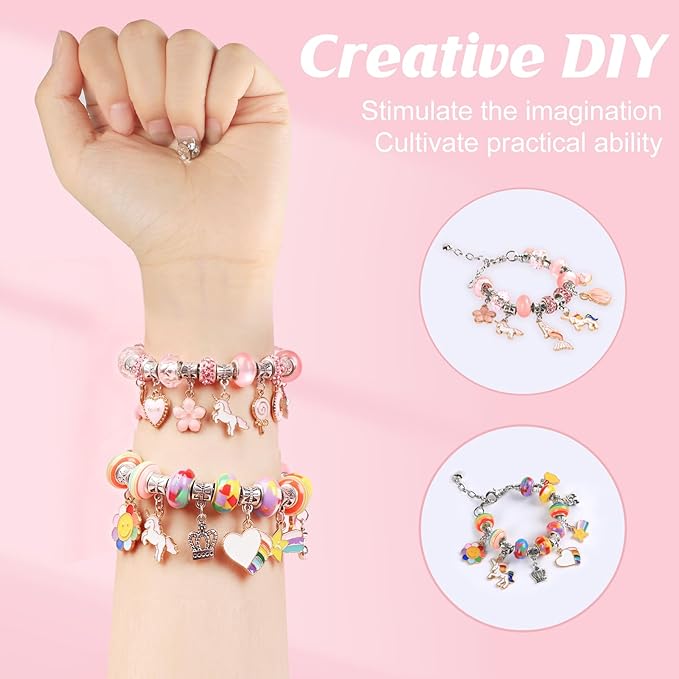 YJK Charm Bracelet Making Kit for Girls, for Aged 5 6 7 8 9 10 11 12 Year Old Girl Birthday Gift Ideas! Jewelry Making Kit for Girls 8-12, Bracelet Charms for Bracelet Making, Charm Necklace Kit