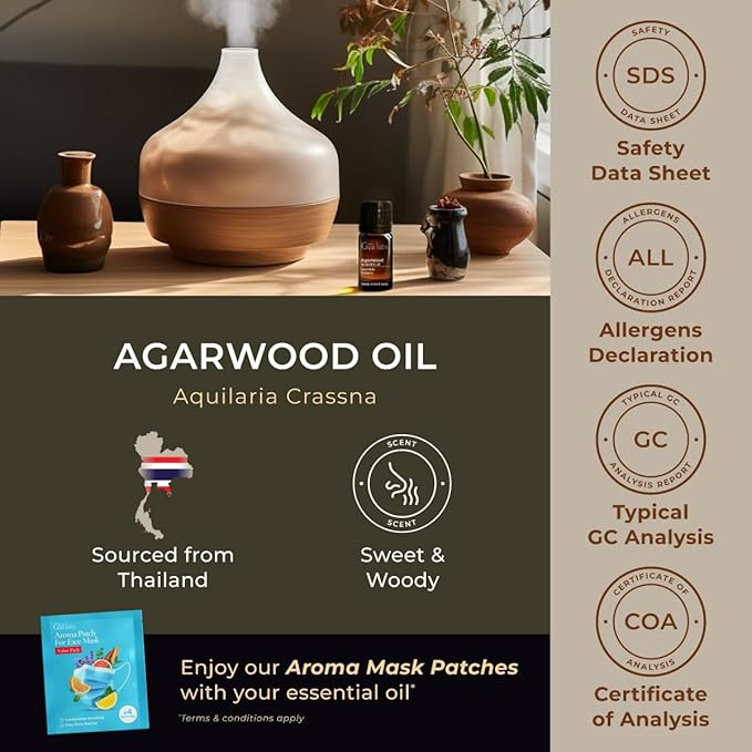 Gya Labs Agarwood Essential Oil - 0.34 Fl Oz - for Hair, Skin, Diffuser, Aromatherapy & DIY Candle Making Scent
