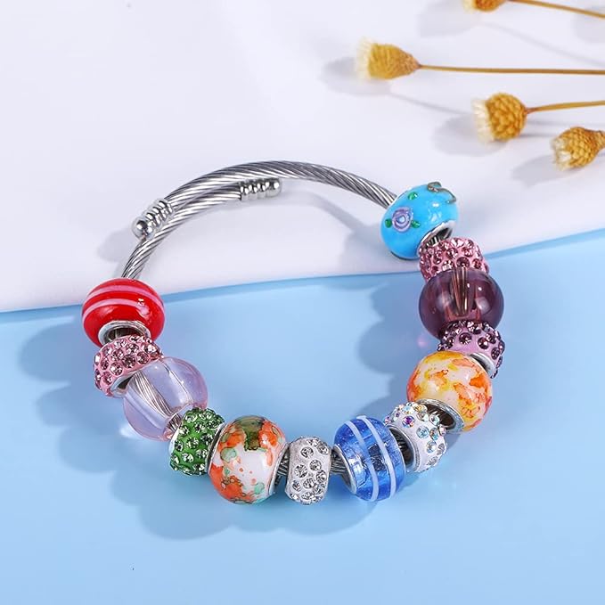 100 PCS Assorted European Beads with Copper Core Big Hole Glass Spacer No Copper Core Lampwork Colorful Beads Rhinestone Craft Beads for DIY Charm Bracelet Jewelry Making (Magnetic White Water Mark)