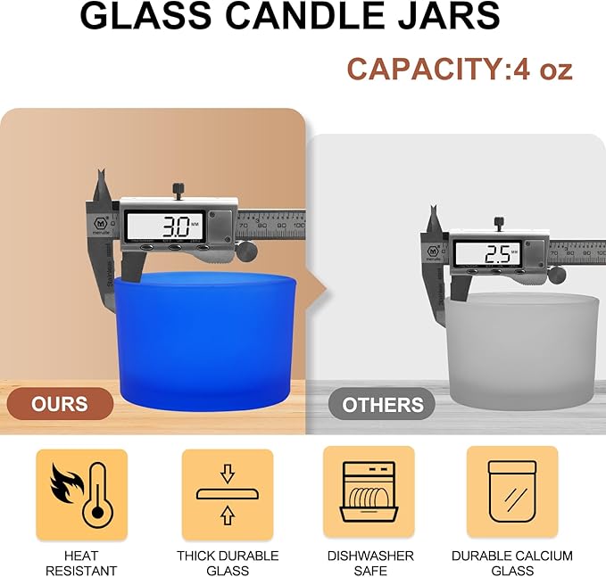 SHOWIN Thick Candle Jars for Making Candles 16 Pcs, 4 OZ Empty Jars with Wood Lids for Candle Making, Sample Container - Dishwasher Safe, Frosted Blue