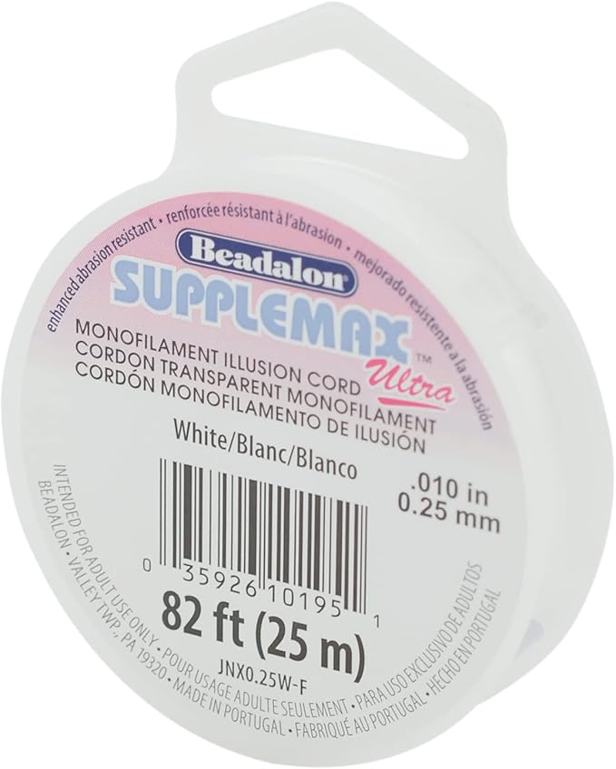 Beadalon SuppleMax Ultra Illusion Beading Cord, 0.25 mm / 0.010 in, White Monofilament, 25 m / 82 ft