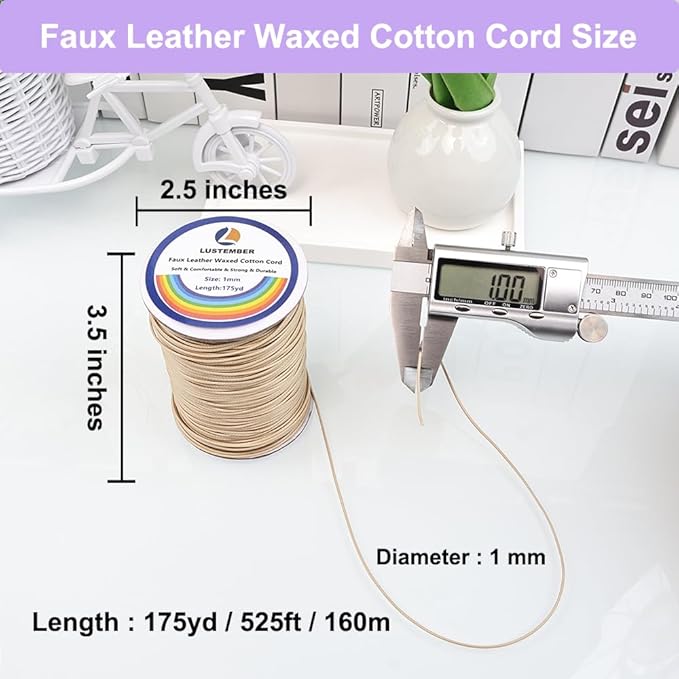 1mm Faux Leather Waxed Cotton Cord, 175 Yards – Durable Necklace String, Soft and Textured Cord for Necklaces, Bracelets, and Jewelry Making