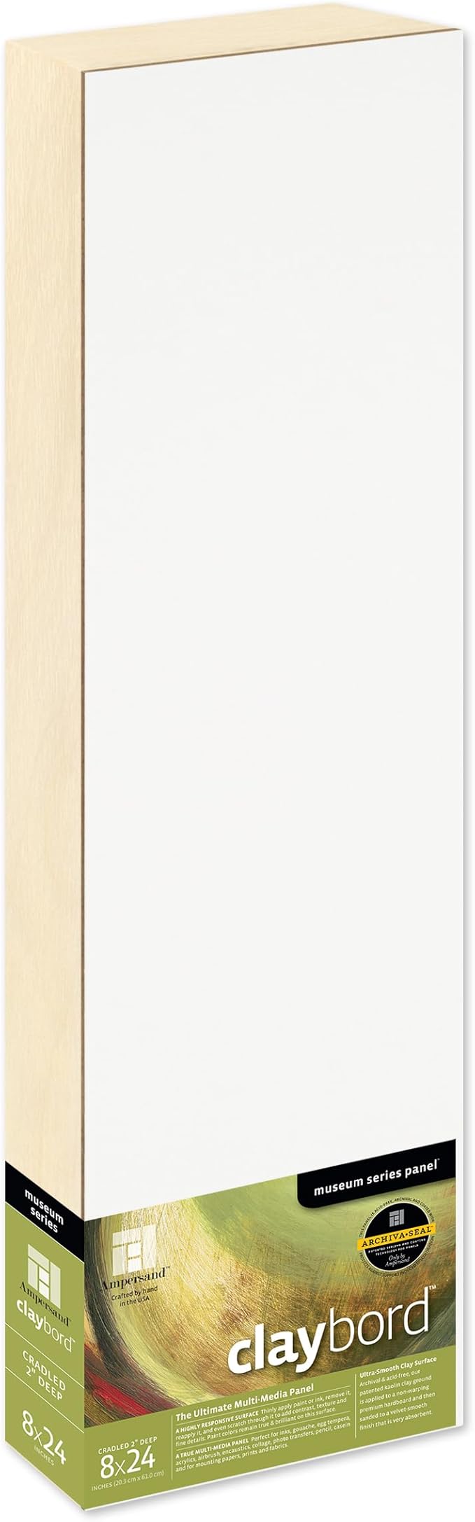 Ampersand Art Supply Wood Painting Panel: Museum Series Claybord, 8" x 24", 2" Cradled Profile