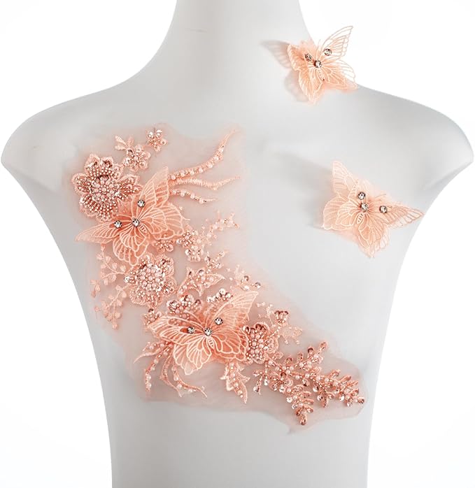 Flower Pearl Fabric Rhinestones Beaded Lace Applique,3D Butterfly Embroidered Lace Patch for Clothes,Dress (Orange)