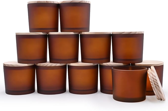 12 OZ Thick Candle Jars for Making Candles 12 Pcs, Empty Amber Jars with Wood Lids for Spice Jars, Sample Container, Frosted Brown