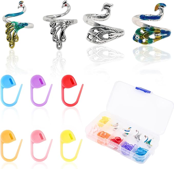 LBU 4Pcs Crochet Ring + 60Pcs Stitch Markers Adjustable Crochet Tension Rings for Finger Yarn Tension Guide Rings Crocheting Knitting Accessories with Box Gifts for Crocheters Knitters(Peacock)