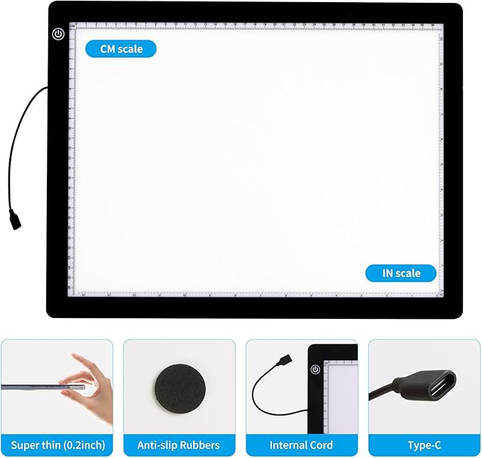 A3 Light Pad with Foldable Stand, UL Certified Adapter, 8000 Lux Super Bright Ultra Thin Pad for Cricut Weeding Vinyl, Artist Drawing Light Box/Board/Table for Tracing, Sketching - Black