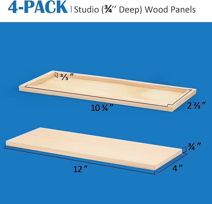 Falling in Art Unfinished Birch Wood Panels Kit for Painting, Wooden Canvas 4 Pack of 4x12 Studio 3/4" Deep, Cradle Boards for Pouring, Art, Crafts, Burning and More