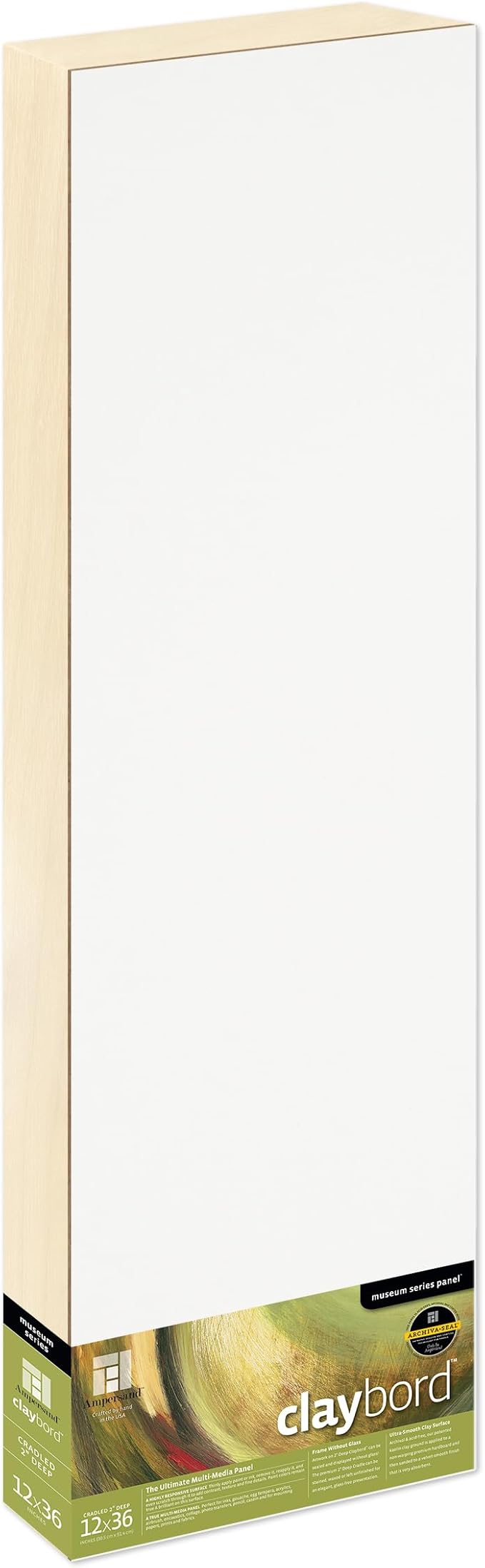Ampersand Art Supply Wood Painting Panel: Museum Series Claybord, 12" x 36", 2" Cradled Profile
