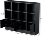 Cozy Castle Black Wood Bookcase,12 Cube Storage Organizer Bookshelf with 4 Doors,3 Tier Storage Cabinet with Adjustable Shelves for Bedroom, Living Room, Office