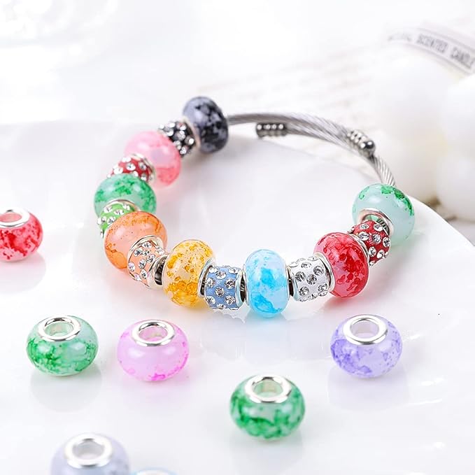 100 Pieces 14mm European Large Hole Spacer Beads Mix Color with Silver Brass Cores Assortments Charm Lampwork Beads Supplies for Necklace Bracelets Jewelry Making (Jelly Bottom Spray)