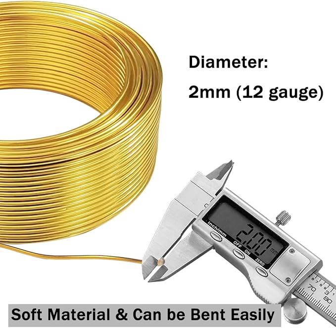 YEQIN 12 Gauge Aluminum Wire, 105 Feet 2mm Bendable Metal Craft Wire for Sculpting, Armature, Jewelry Making, Floral Making, Doll Making, Modelling, Crafting, Bonsai Training (Gold)