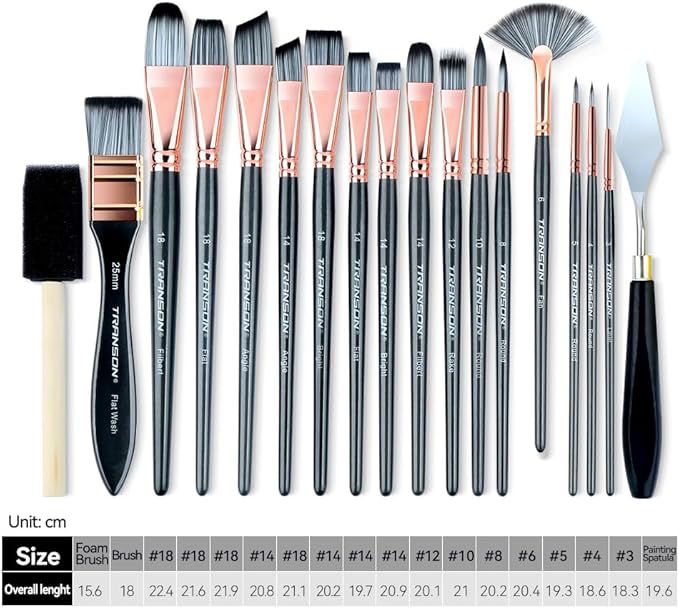 Transon Art Paint Brush Kit 16 Paint Brushes with Foam Brush Sponge Spatula and Art Case for Oil, Acrylic, Watercolor, Gouache, Painting Black Color