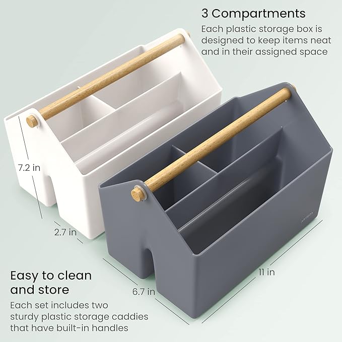 ARTEZA Plastic Portable Craft Storage Organizer, Pack of 2, Gray and Ivory, 3-Sectioned Plastic Basket with Handle, Caddy Organizer