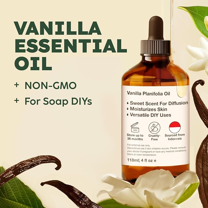 KUKKA Vanilla Essential Oils - 4 Fl Oz - for Hair, Skin, Diffuser, Aromatherapy & DIY Soap Making Scent