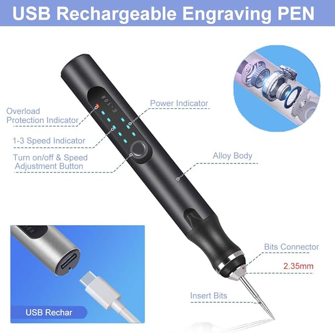 Customized USB Rechargeable Customized Engraving Pen with 37 Bits,Cordless Portable Tool for Metal Wood Glass and Plastic Electric Engraving Pen Kit Engraving Tool for Beginner (Black)