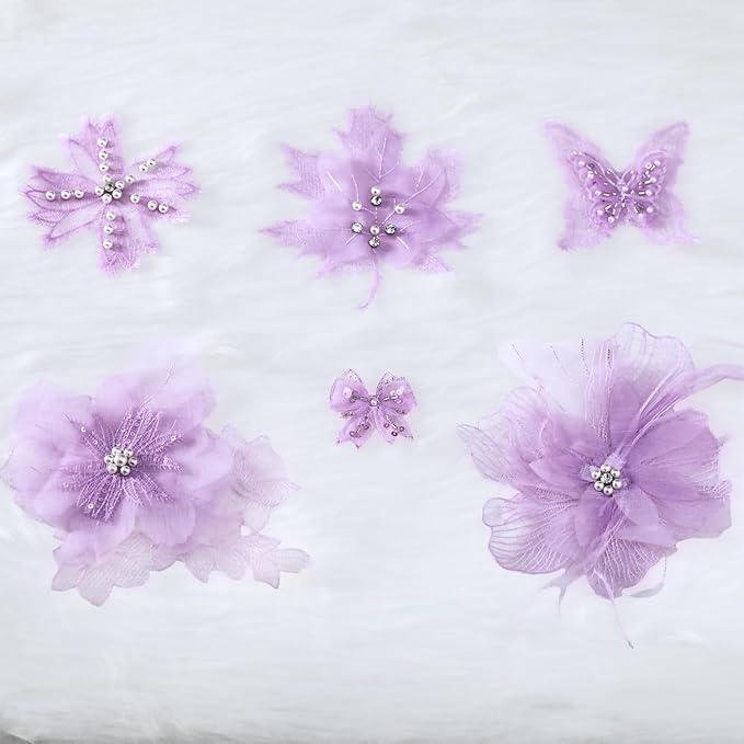 6 Pieces 3D Flower Lace Embroidery Butterflies Appliques Pearl Patches for Repairing and Decorating, Sewing Craft Clothing Jeans Jackets Bags (Purple)