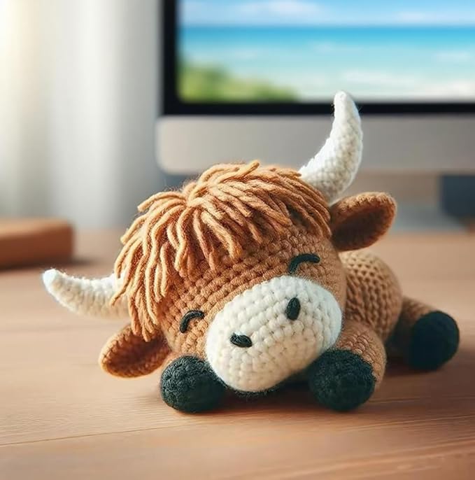 Highland Cow DIY Crochet Kit for Beginners, Brown Handmade Animal Soft with Yarn, Tools and Instructions, Cute Highland Cattle Birthday Gift for Adults, 23cm x 17cm x 6cm