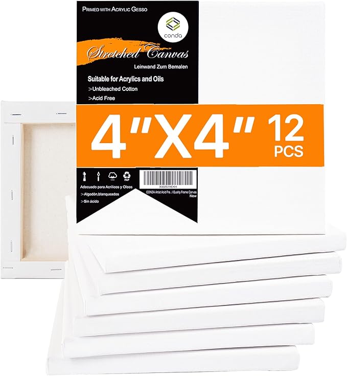 CONDA Mini Stretched Canvas for Painting, 4x4 inch 12 Pack of Art Small Canvases for Kids Artists,100% Cotton Primed Blank Canvas, 4/8 Inch Profile Value Bulk Pack for Acrylics, Oils Painting